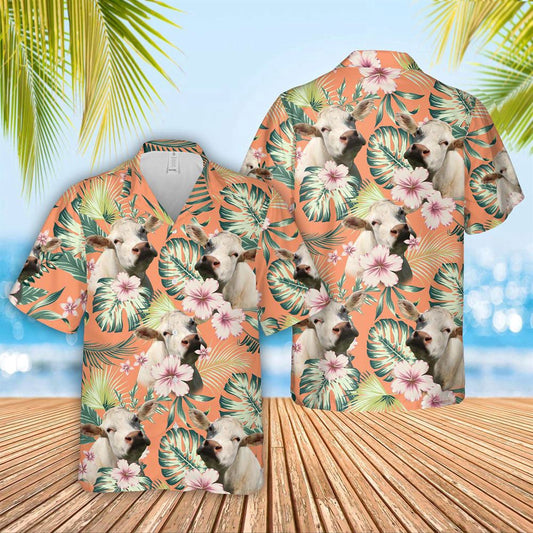 Hawaiian Cow Shirt, Charolais Summer Happiness Floral Farm 3D Hawaiian Shirt, Animal Hawaiian Shirts, Farmer Shirts