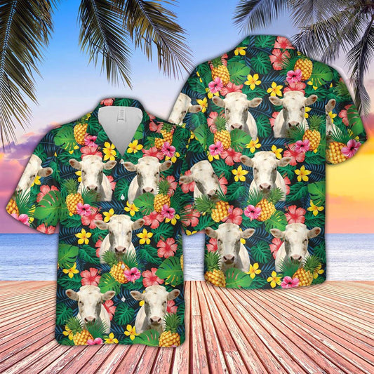 Hawaiian Cow Shirt, Charolais Summer Pattern 3D Hawaiian Shirt, Animal Hawaiian Shirts, Farmer Shirts
