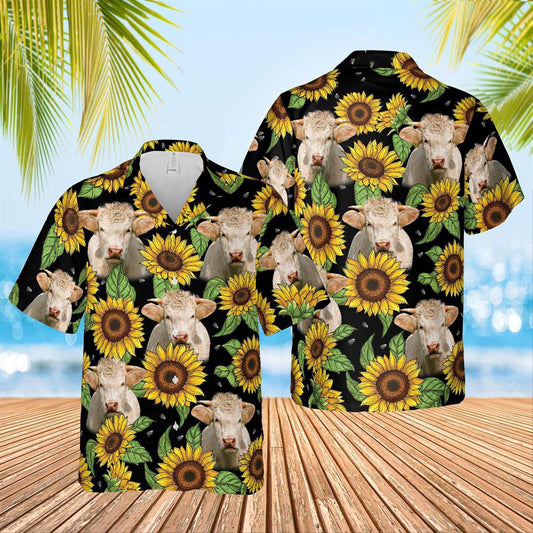 Hawaiian Cow Shirt, Charolais Sunflower Hawaiian Shirt 2023, Animal Hawaiian Shirts, Farmer Shirts