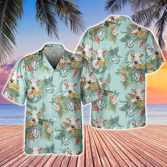 Hawaiian Cow Shirt, Charolais Tropical Flowers Pattern Hawaiian Shirt, Animal Hawaiian Shirts, Farmer Shirts