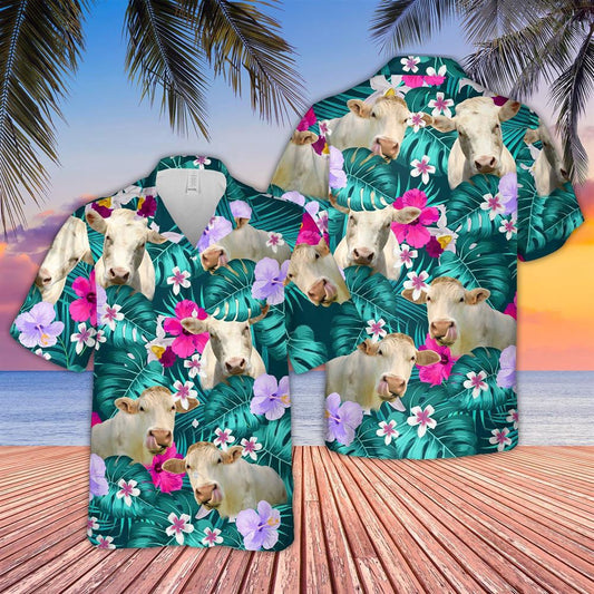 Hawaiian Cow Shirt, Charolais Tropical Style 3D Hawaiian Shirt, Animal Hawaiian Shirts, Farmer Shirts