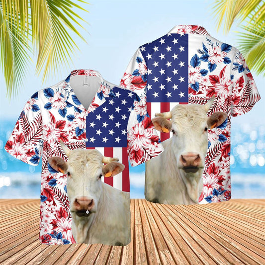 Hawaiian Cow Shirt, Charolais Us Flag Flower 3D Hawaiian Shirt, Animal Hawaiian Shirts, Farmer Shirts