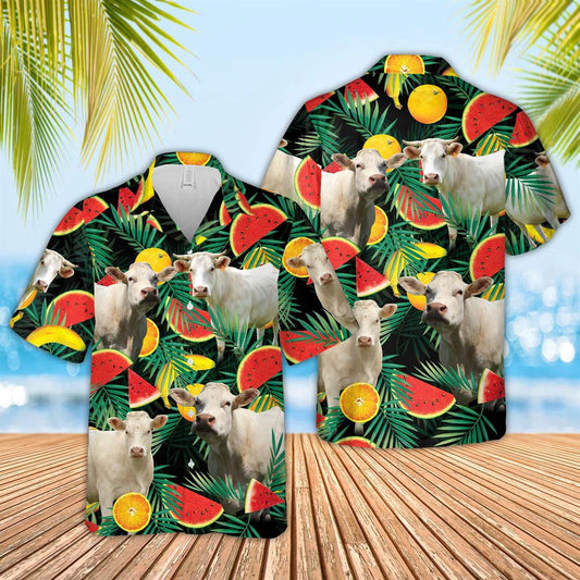 Hawaiian Cow Shirt, Charolais Watermelon Hawaiian Shirt, Animal Hawaiian Shirts, Farmer Shirts