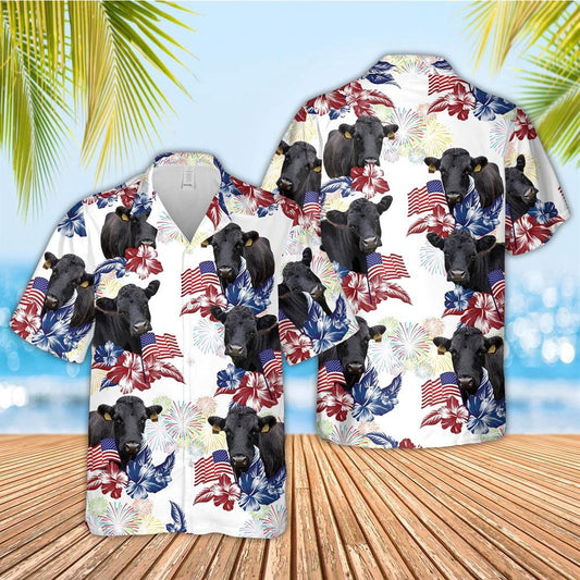 Hawaiian Cow Shirt, Dexter American Flowers And Flag Pattern Hawaiian Shirt, Animal Hawaiian Shirts, Farmer Shirts
