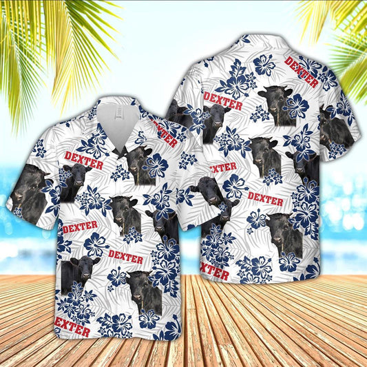 Hawaiian Cow Shirt, Dexter American White Flowers Pattern Hawaiian Shirt, Animal Hawaiian Shirts, Farmer Shirts