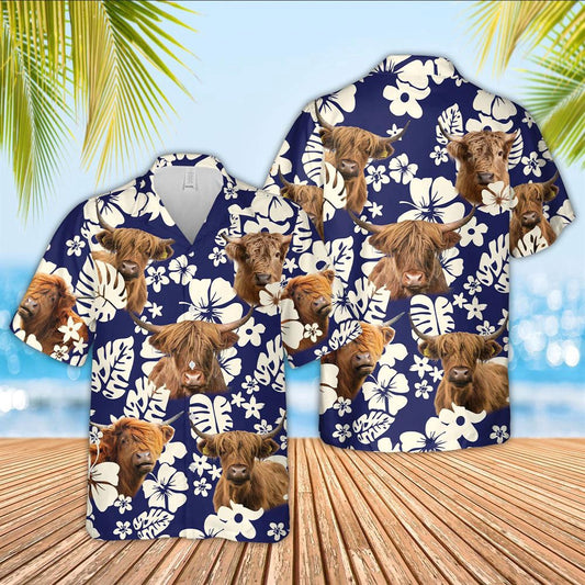 Hawaiian Cow Shirt, Flower Highland Cattle Blue Pattern 3D Hawaiian Shirt, Animal Hawaiian Shirts, Farmer Shirts