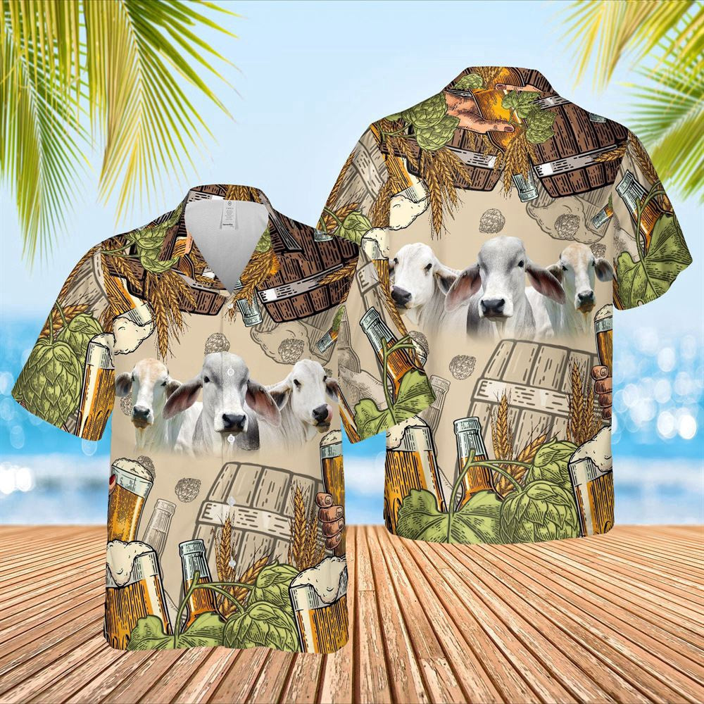 Hawaiian Cow Shirt, Funny Brahman Cattle Beer Pattern Hawaiian Shirt, Animal Hawaiian Shirts, Farmer Shirts