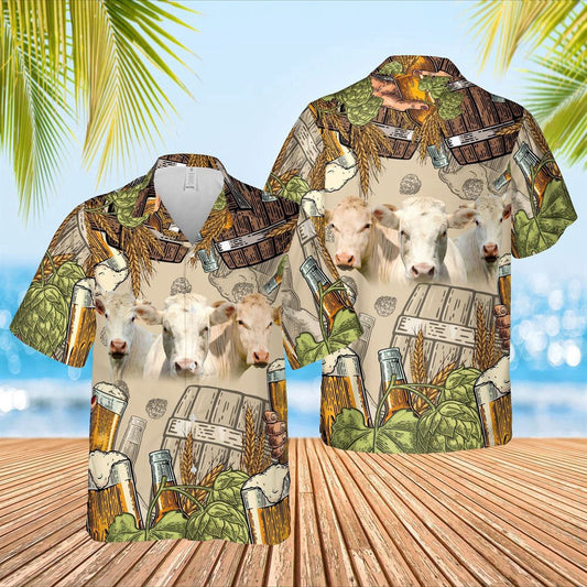 Hawaiian Cow Shirt, Funny Charolais Cattle Beer Pattern Hawaiian Shirt, Animal Hawaiian Shirts, Farmer Shirts