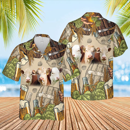 Hawaiian Cow Shirt, Funny Hereford Cattle Beer Pattern Hawaiian Shirt, Animal Hawaiian Shirts, Farmer Shirts