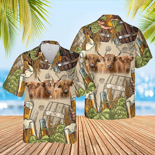 Hawaiian Cow Shirt, Funny Highland Cattle Beer Pattern Hawaiian Shirt, Animal Hawaiian Shirts, Farmer Shirts