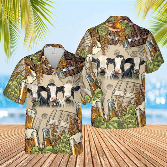 Hawaiian Cow Shirt, Funny Holstein Cattle Beer Pattern Hawaiian Shirt, Animal Hawaiian Shirts, Farmer Shirts