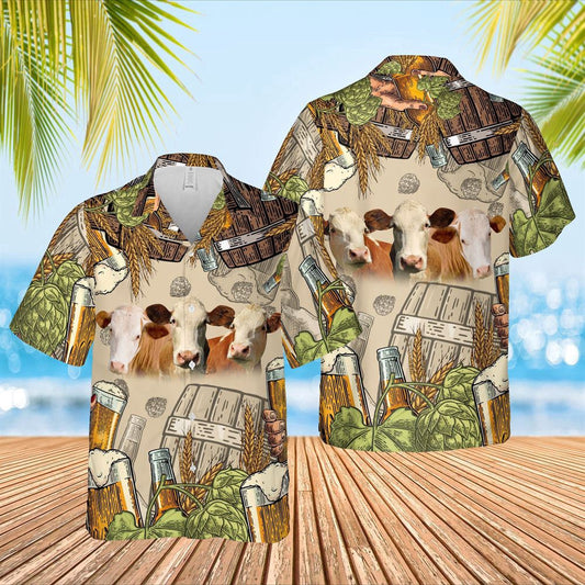 Hawaiian Cow Shirt, Funny Simmental Cattle Beer Pattern Hawaiian Shirt, Animal Hawaiian Shirts, Farmer Shirts