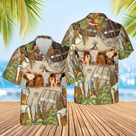 Hawaiian Cow Shirt, Funny Texas Longhorn Beer Pattern Hawaiian Shirt, Animal Hawaiian Shirts, Farmer Shirts
