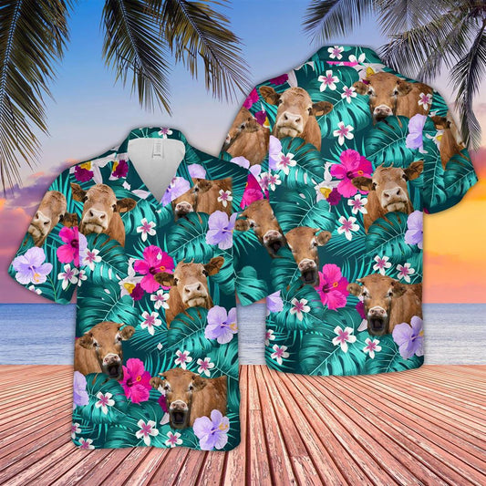 Hawaiian Cow Shirt, Gelbvieh Cattle Tropical Style 3D Hawaiian Shirt, Animal Hawaiian Shirts, Farmer Shirts