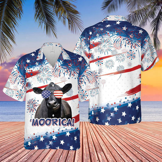 Hawaiian Cow Shirt, Happy Independence Day Black Angus All Over Printed 3D Hawaiian Shirt, Animal Hawaiian Shirts, Farmer Shirts