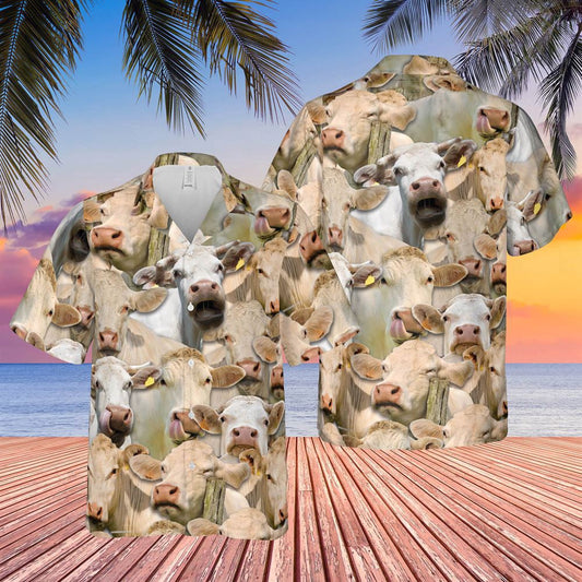 Hawaiian Cow Shirt, Herd Of Charolais All Over Printed 3D Hawaiian Shirt, Animal Hawaiian Shirts, Farmer Shirts