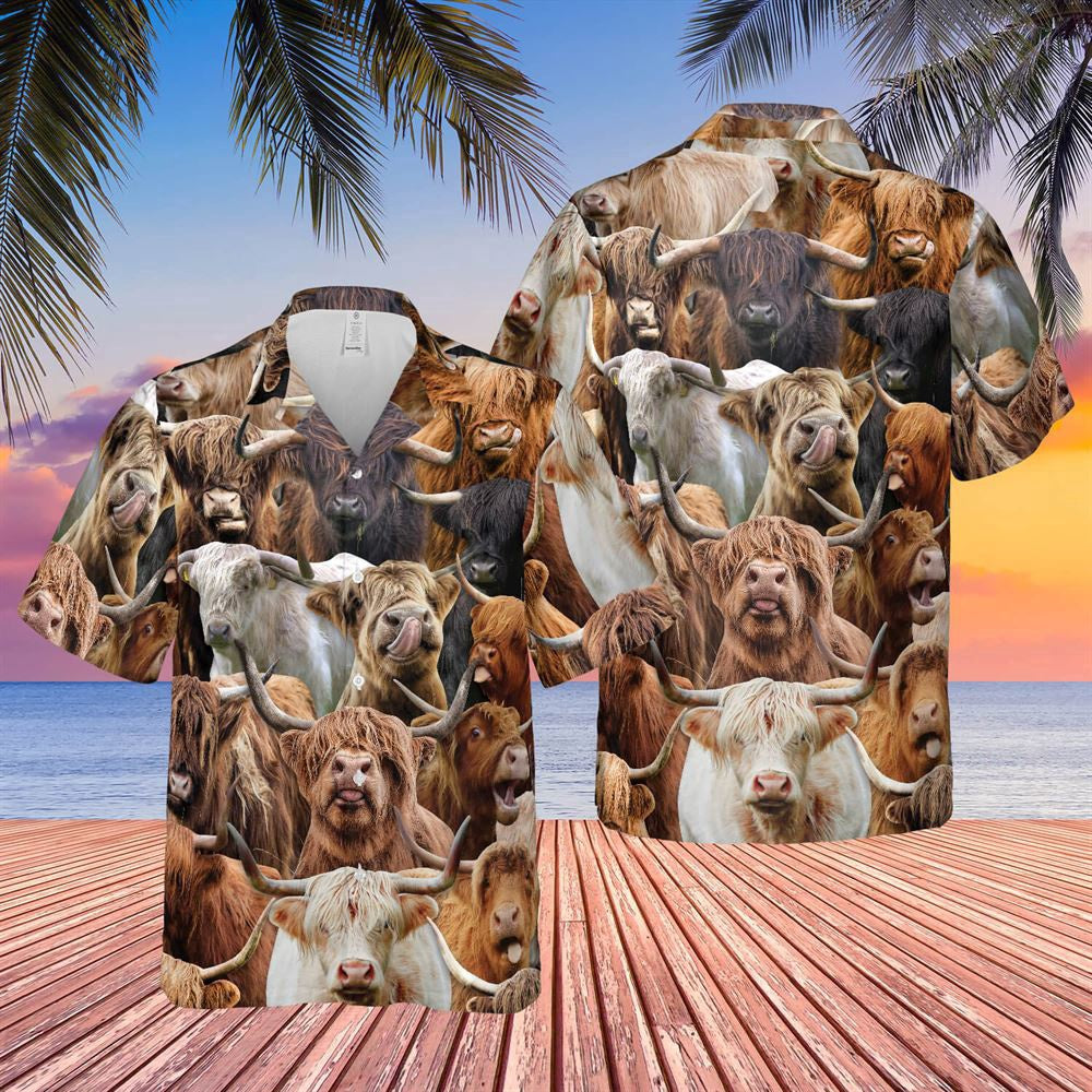 Hawaiian Cow Shirt, Herd Of Highlands All Over Printed 3D Hawaiian Shirt, Animal Hawaiian Shirts, Farmer Shirts