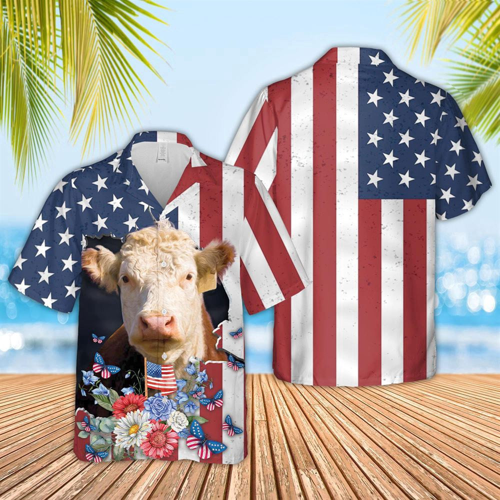 Hawaiian Cow Shirt, Hereford 4Th Of July 3D Hawaiian Shirt, Animal Hawaiian Shirts, Farmer Shirts