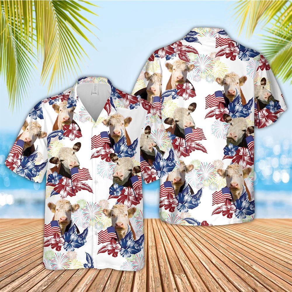 Hawaiian Cow Shirt, Hereford American Flowers And Flag Pattern Hawaiian Shirt, Animal Hawaiian Shirts, Farmer Shirts