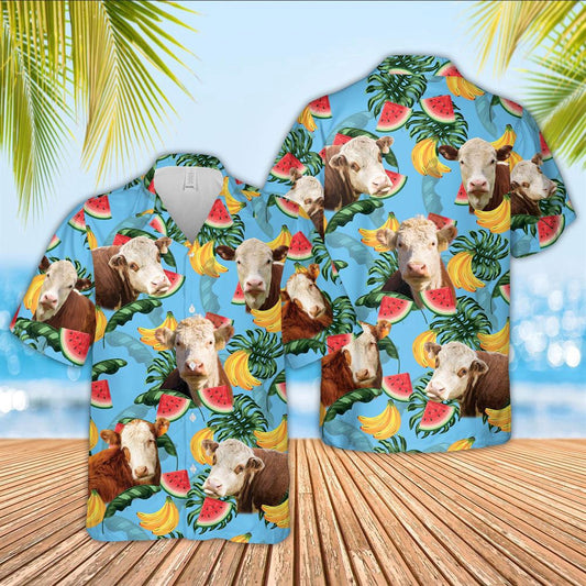 Hawaiian Cow Shirt, Hereford Cattle Blue Tropical Fruits Pattern Hawaiian Shirt, Animal Hawaiian Shirts, Farmer Shirts