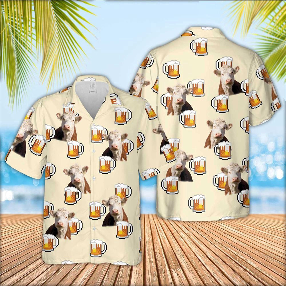 Hawaiian Cow Shirt, Hereford Cattle Drink Beer Pattern Hawaiian Shirt, Animal Hawaiian Shirts, Farmer Shirts