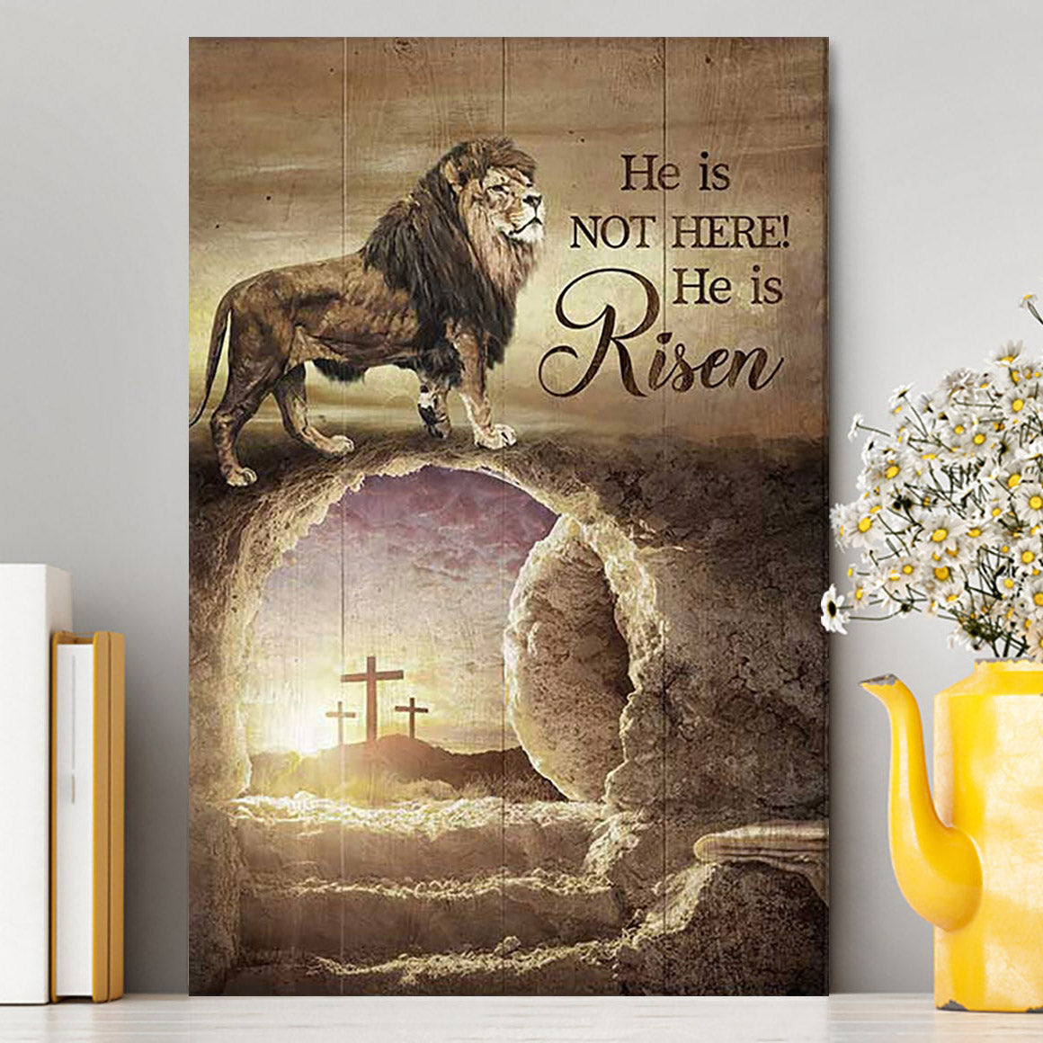 He Is Risen Canvas - The Empty Tomb Lion Canvas Art - Bible Verse Wall Art - Christian Inspirational Wall Decor