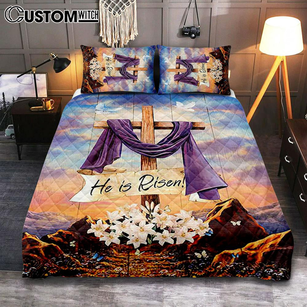 He Is Risen Cross Purple Ribbon Lily Flower Quilt Bedding Set Art 