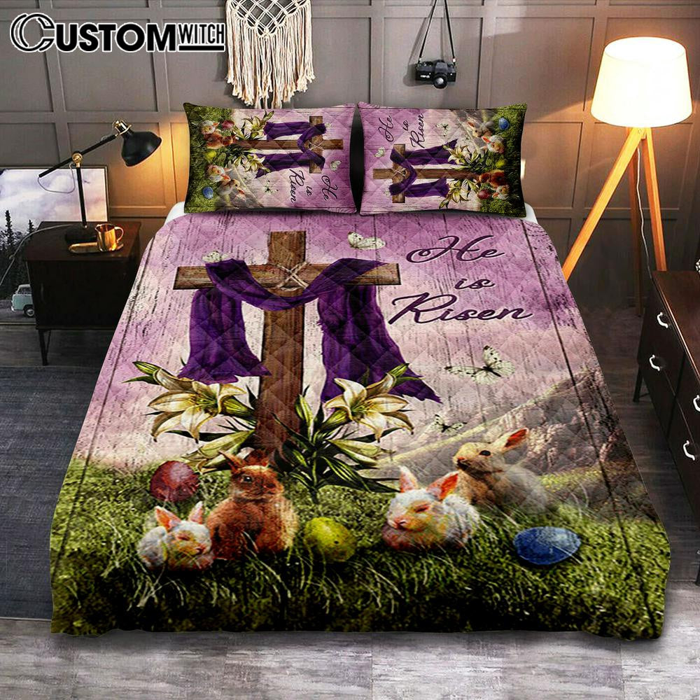 He Is Risen Easter Bunny Cross Lily Flower White Butterfly Purple Silk Quilt Bedding Set Art 