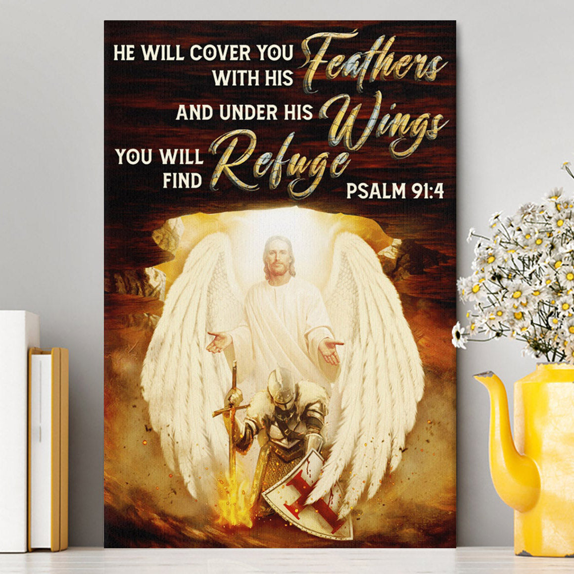 He Will Cover You With His Feathers Canvas - Jesus Angel Wings Warrior Canvas Wall Art - Christian Wall Art Decor - Religious Canvas Prints