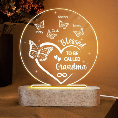 Heart Butterflies Grandma Personalized Circle Plaque Led Night Light, Mother's Day Led Light, Mom Gift
