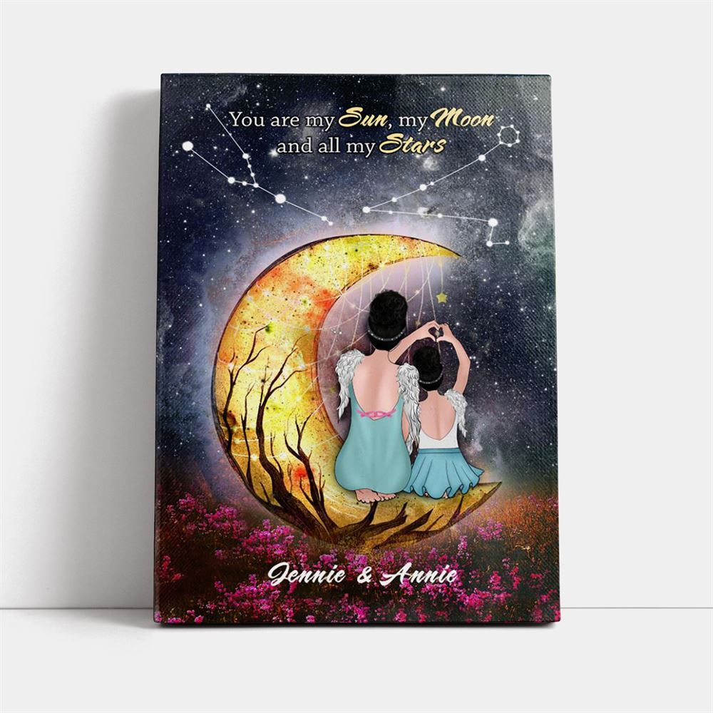 Heart Shaped Mother Daughter Night Sky Moon Star Custom Style Canvas, Mother's Day Canvas Art, Gift For Mom, Birthday Gift