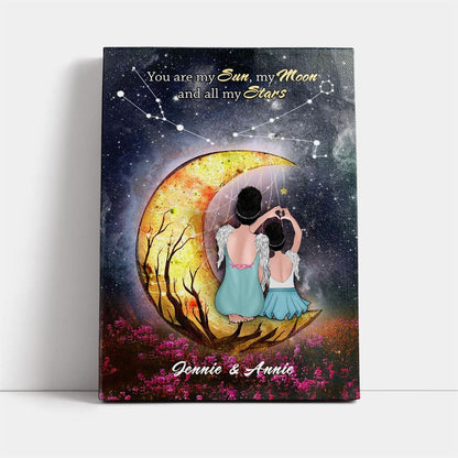 Heart Shaped Mother Daughter Night Sky Moon Star Custom Style Canvas, Mother's Day Canvas Art, Gift For Mom, Birthday Gift