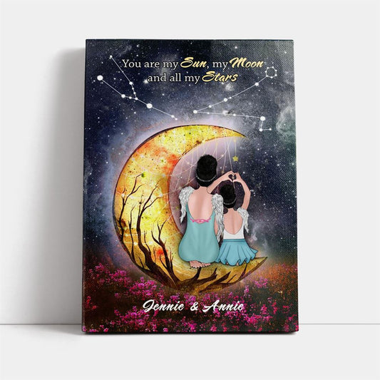 Heart Shaped Mother Daughter Night Sky Moon Star Custom Style Canvas, Mother's Day Canvas Art, Gift For Mom, Birthday Gift