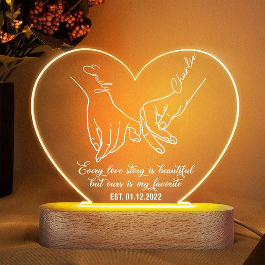 Holding Hands Our Story Is My Favorite, Personalized Heart Acrylic Led Lamp, Best Gift For Couple, Mother's Day Led Light, Mom Gift
