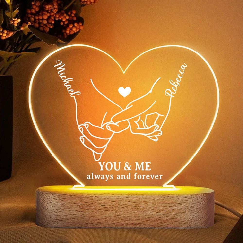 Holding Hands You & Me Heart, Personalized Couple 3D Led Light, Mother's Day Led Light, Mom Gift