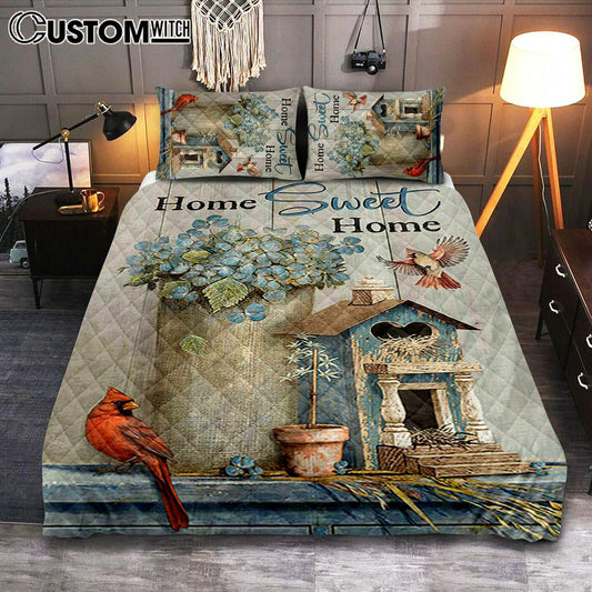 Home Sweet Home Blue Hydrangea Red Cardinals Quilt Bedding Set Art