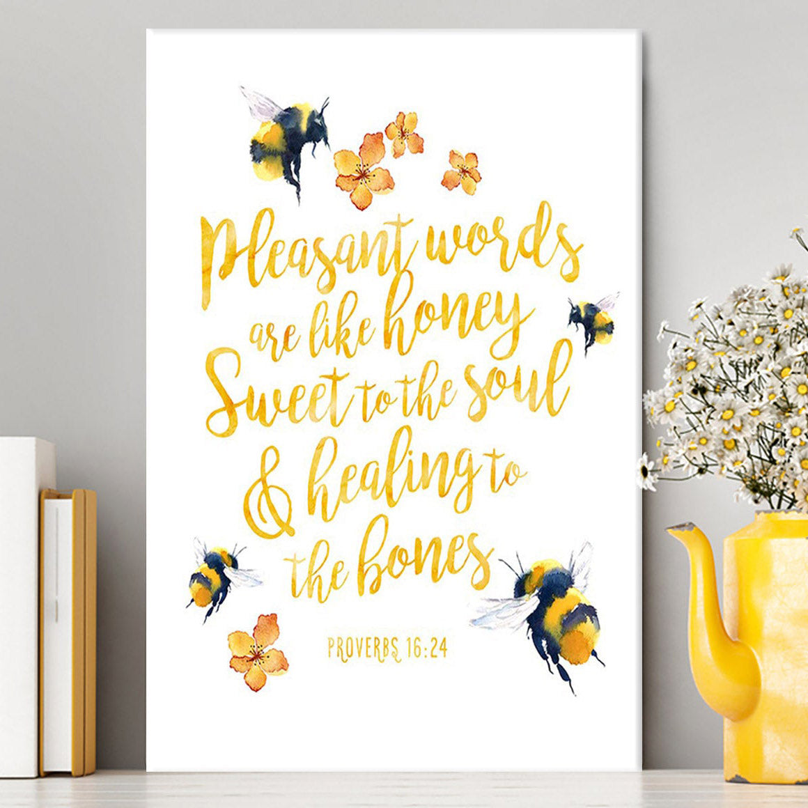 Honey Bee Canvas Wall Decor - Pleasant Words Are Like Honey - Proverbs 16 24 - Christian Canvas Wall Art Decor