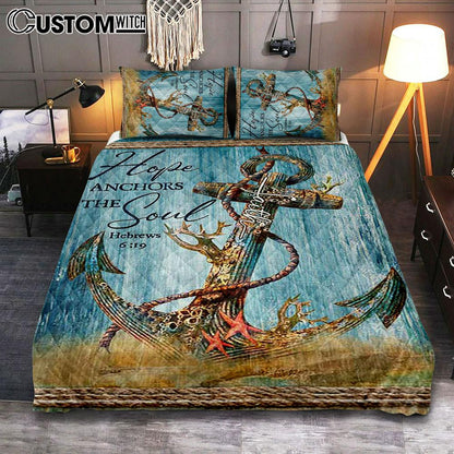 Hope Anchors The Soul Deep Ocean Red Starfish Quilt Bedding Set Art