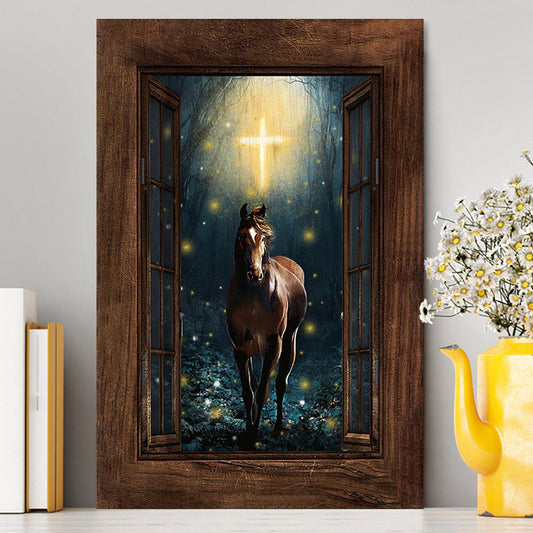 Horse Firefly Cross Wooden Window Canvas Art - Bible Verse Wall Art - Christian Inspirational Wall Decor