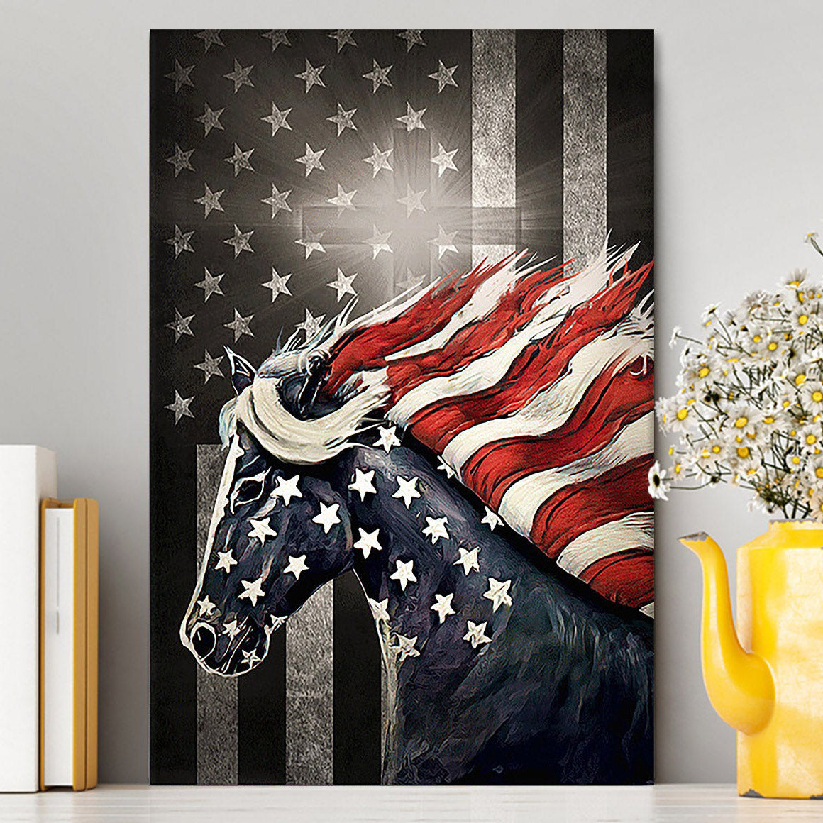 Horse Us Pattern Black Background Us Flag Canvas Canvas Wall Art - Christian Canvas Prints - Bible Verse Canvas Art