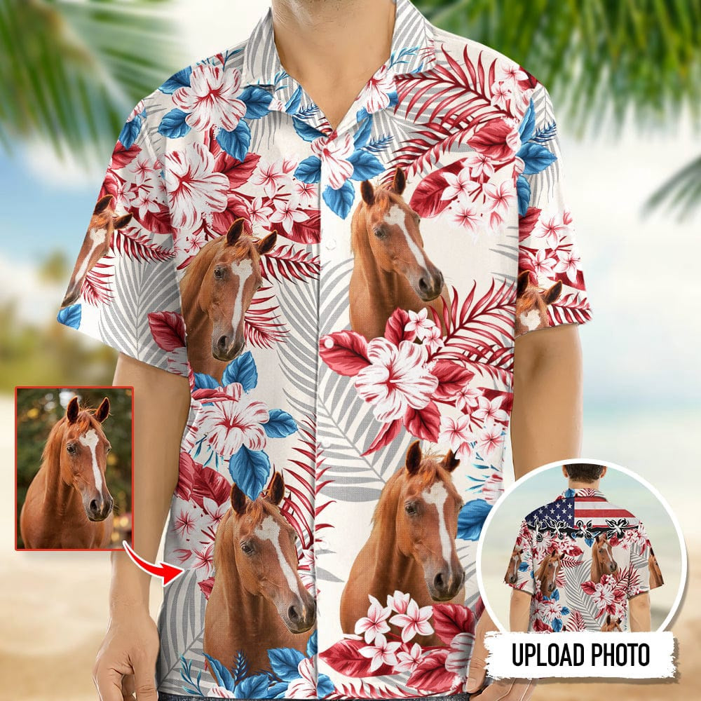 Horse American Flag Hawaiian Shirt Upload Photo, Custom Hawaiian Shirts With Face