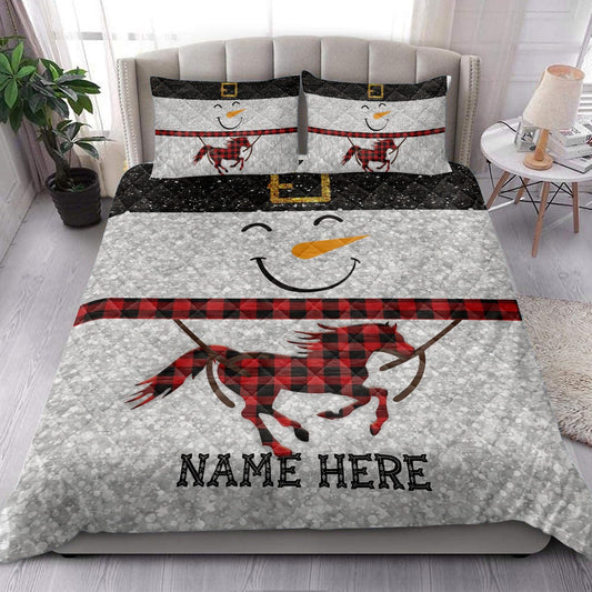 Horse Quilt Set, Funny Snowman Bringmas Horse Glitter Red Buffalo Plaid Quilt Blanket