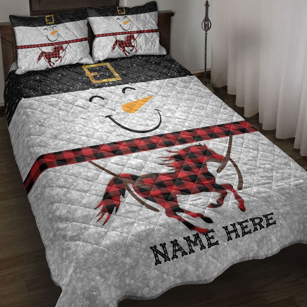 Horse Quilt Set, Funny Snowman Bringmas Horse Glitter Red Buffalo Plaid Quilt Blanket