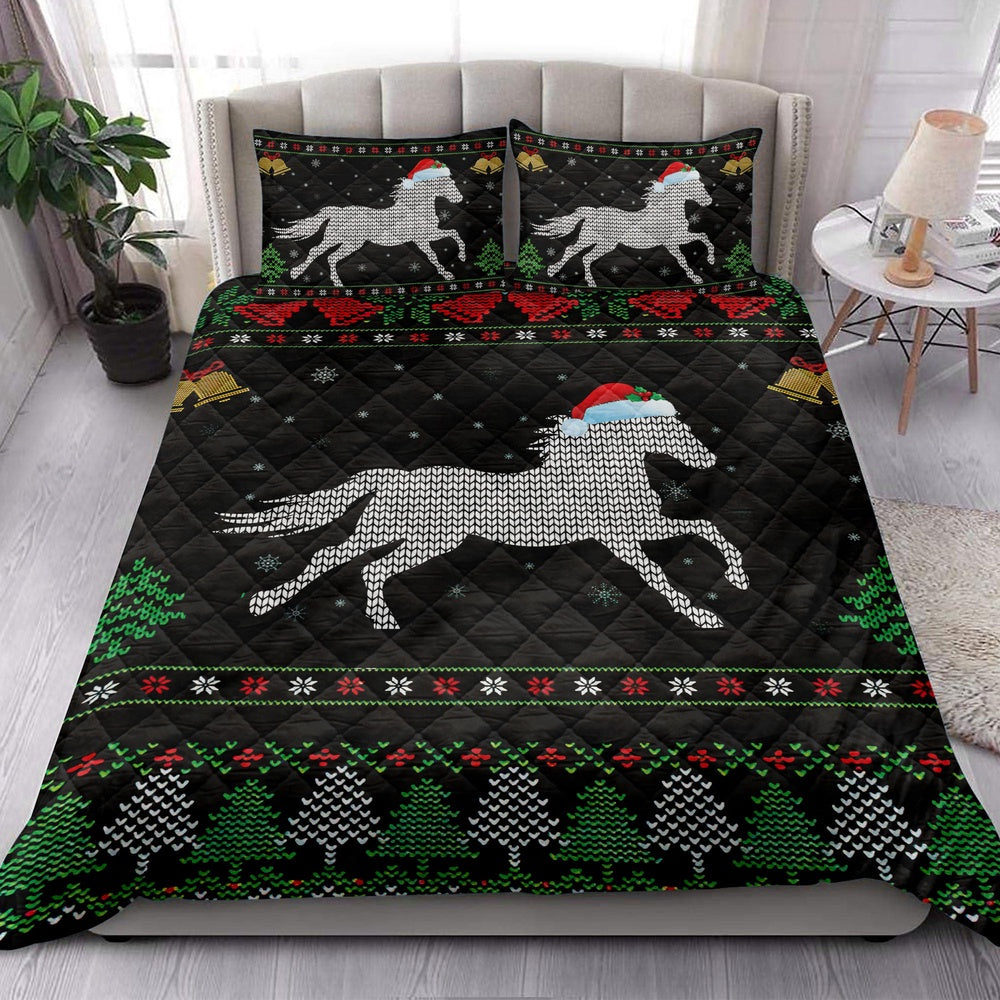 Horse Quilt Set, Horse Santa Hat Snowflake Bell Ugly Chrismas Quilt Blanket