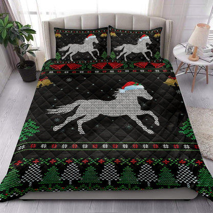 Horse Quilt Set, Horse Santa Hat Snowflake Bell Ugly Chrismas Quilt Blanket