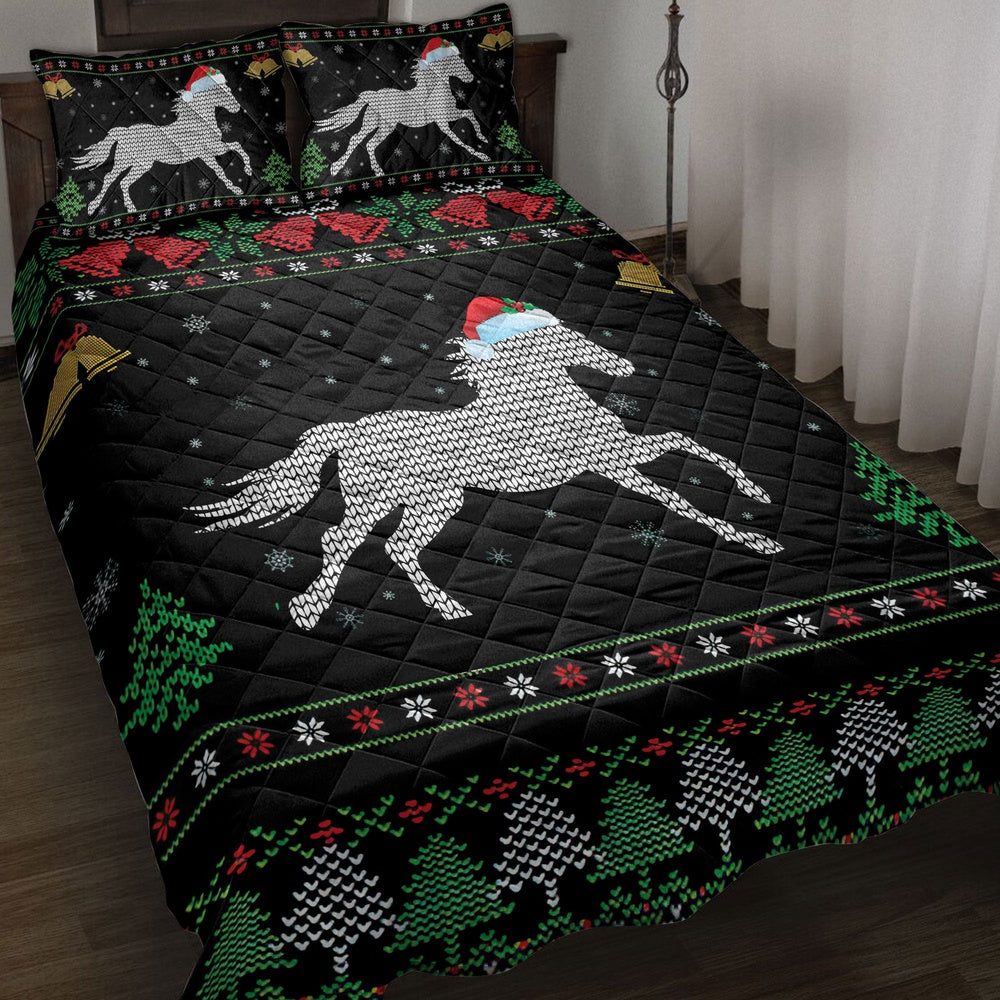 Horse Quilt Set, Horse Santa Hat Snowflake Bell Ugly Chrismas Quilt Blanket
