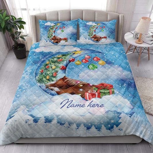 Horse Quilt Set, Horse Sleeping On The Moon Snowflakemas Tree Dog Quilt Blanket