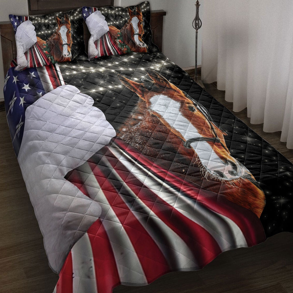 Horse Quilt Set, Horse Snowflakemas String Light Us Flag Horses Quilt Blanket