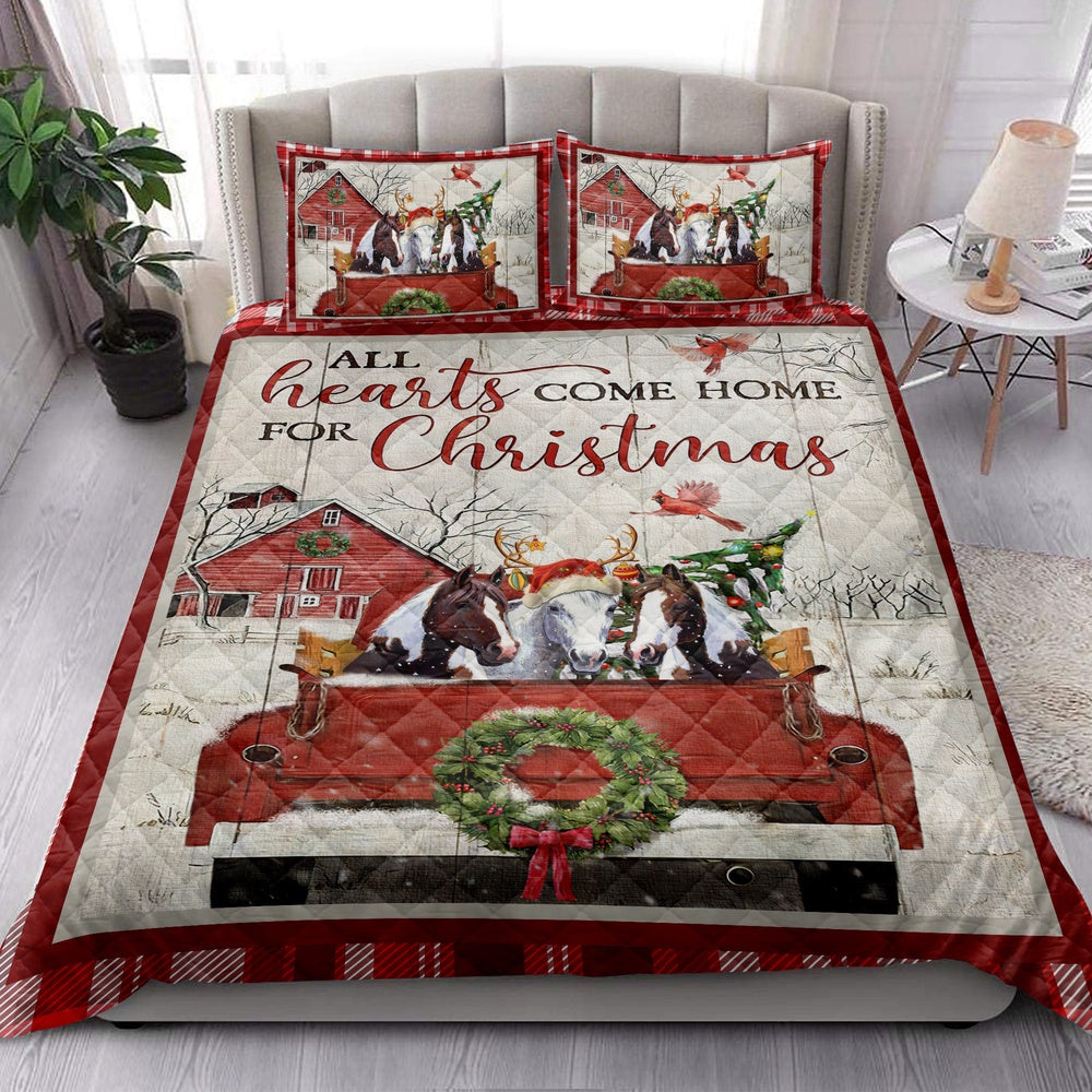 Horse Quilt Set, Horse With Truckmas Tree Snowflake Cozy Farmho Use Red Plaid Quilt Blanket