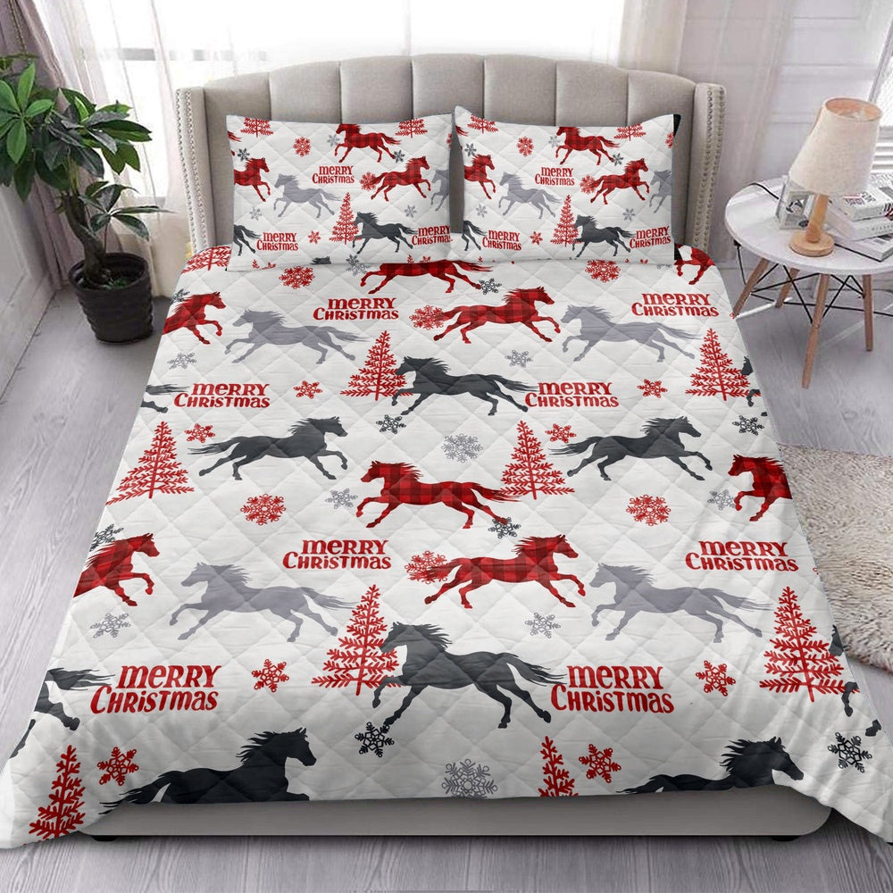 Horse Quilt Set, Horse Withmas Tree Snowflake Horses Quilt Blanket